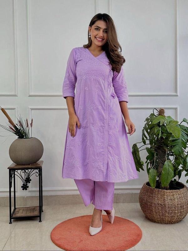 Women’s Orange Cotton Embroidered Kurti Pant Set