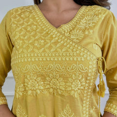 Women’s Orange Cotton Embroidered Kurti Pant Set