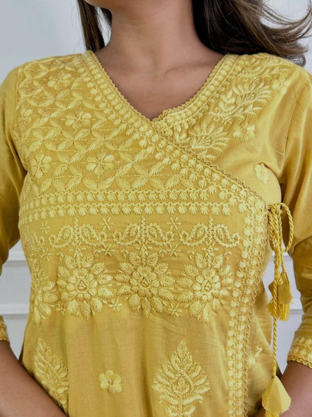 Women’s Yellow Cotton Embroidered Kurti Pant Set