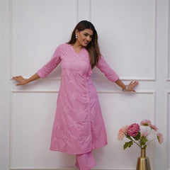 Women’s Orange Cotton Embroidered Kurti Pant Set