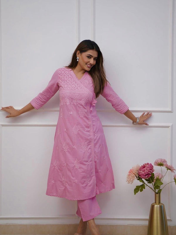 Women’s Orange Cotton Embroidered Kurti Pant Set