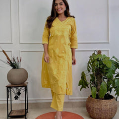 Women’s Orange Cotton Embroidered Kurti Pant Set