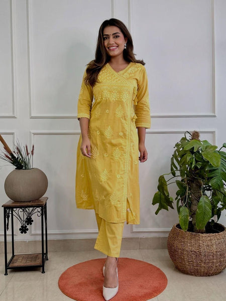 Women’s Yellow Cotton Embroidered Kurti Pant Set