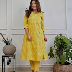 Women’s Orange Cotton Embroidered Kurti Pant Set