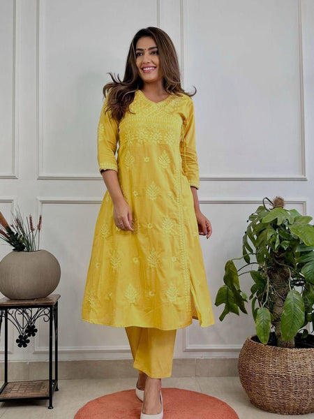 Women’s Yellow Cotton Embroidered Kurti Pant Set