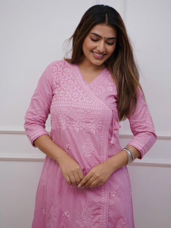 Women’s Orange Cotton Embroidered Kurti Pant Set