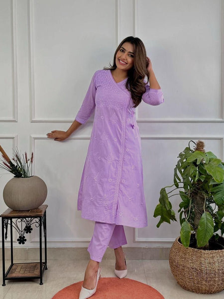 Women’s Purple Cotton Embroidered Kurti Pant Set