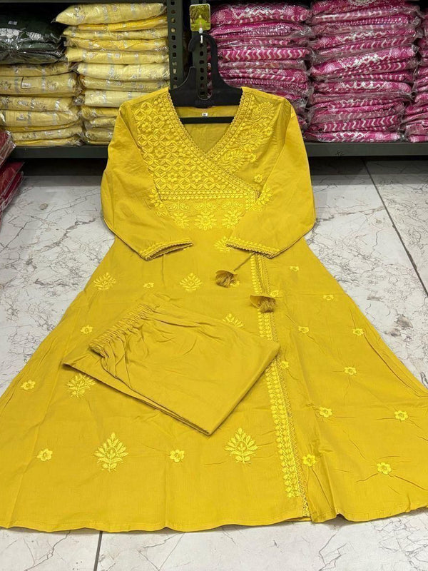 Women’s Orange Cotton Embroidered Kurti Pant Set