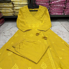 Women’s Orange Cotton Embroidered Kurti Pant Set