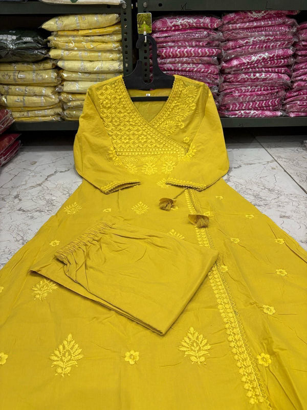 Women’s Orange Cotton Embroidered Kurti Pant Set