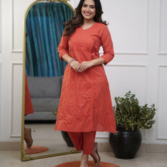 Women’s Orange Cotton Embroidered Kurti Pant Set
