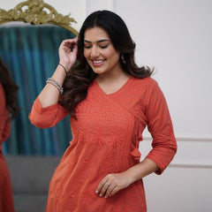 Women’s Orange Cotton Embroidered Kurti Pant Set