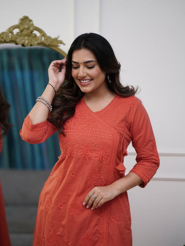 Women’s Orange Cotton Embroidered Kurti Pant Set