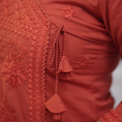 Women’s Orange Cotton Embroidered Kurti Pant Set