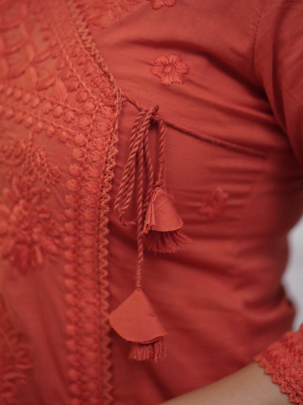 Women’s Orange Cotton Embroidered Kurti Pant Set