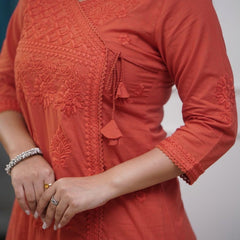 Women’s Orange Cotton Embroidered Kurti Pant Set