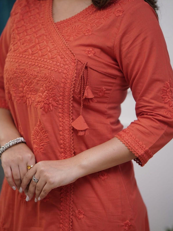 Women’s Orange Cotton Embroidered Kurti Pant Set