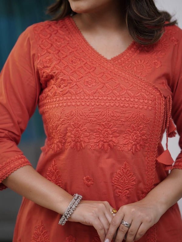 Women’s Orange Cotton Embroidered Kurti Pant Set