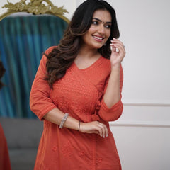 Women’s Orange Cotton Embroidered Kurti Pant Set