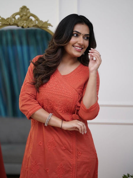 Women’s Orange Cotton Embroidered Kurti Pant Set