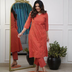 Women’s Orange Cotton Embroidered Kurti Pant Set
