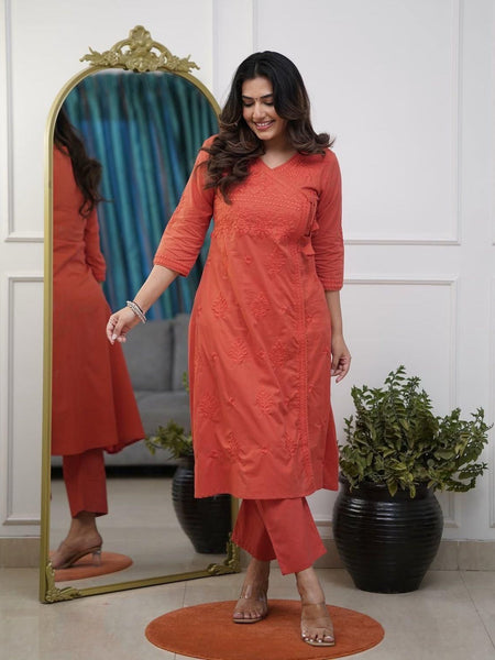Women’s Orange Cotton Embroidered Kurti Pant Set