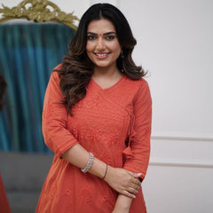 Women’s Orange Cotton Embroidered Kurti Pant Set
