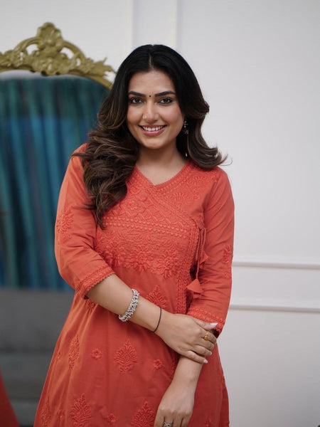 Women’s Orange Cotton Embroidered Kurti Pant Set