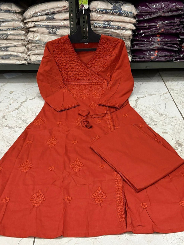 Women’s Orange Cotton Embroidered Kurti Pant Set