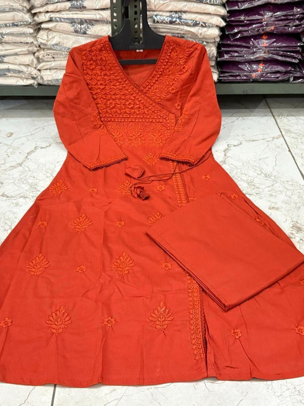 Women’s Orange Cotton Embroidered Kurti Pant Set