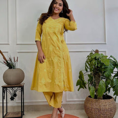 Women’s Orange Cotton Embroidered Kurti Pant Set