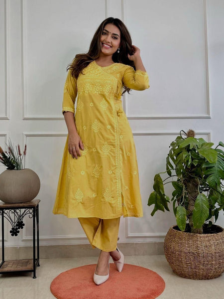 Women’s Yellow Cotton Embroidered Kurti Pant Set