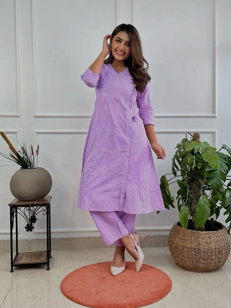 Women’s Purple Cotton Embroidered Kurti Pant Set