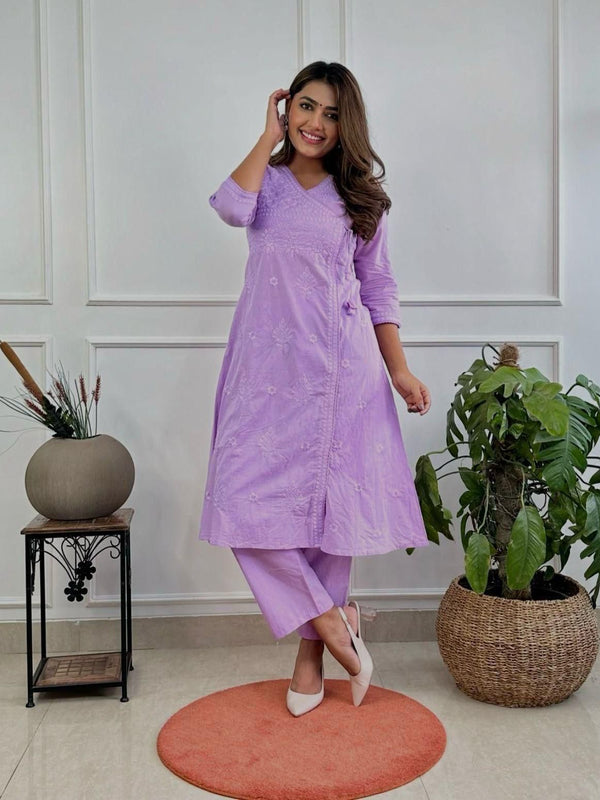 Women’s Orange Cotton Embroidered Kurti Pant Set