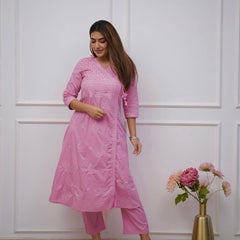 Women’s Orange Cotton Embroidered Kurti Pant Set