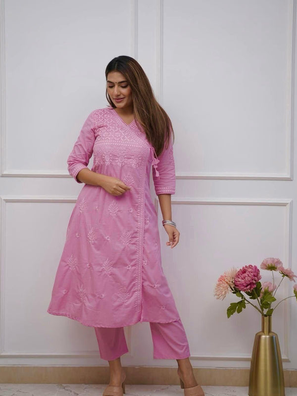 Women’s Orange Cotton Embroidered Kurti Pant Set