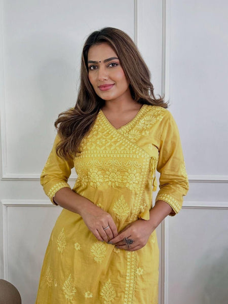 Women’s Yellow Cotton Embroidered Kurti Pant Set