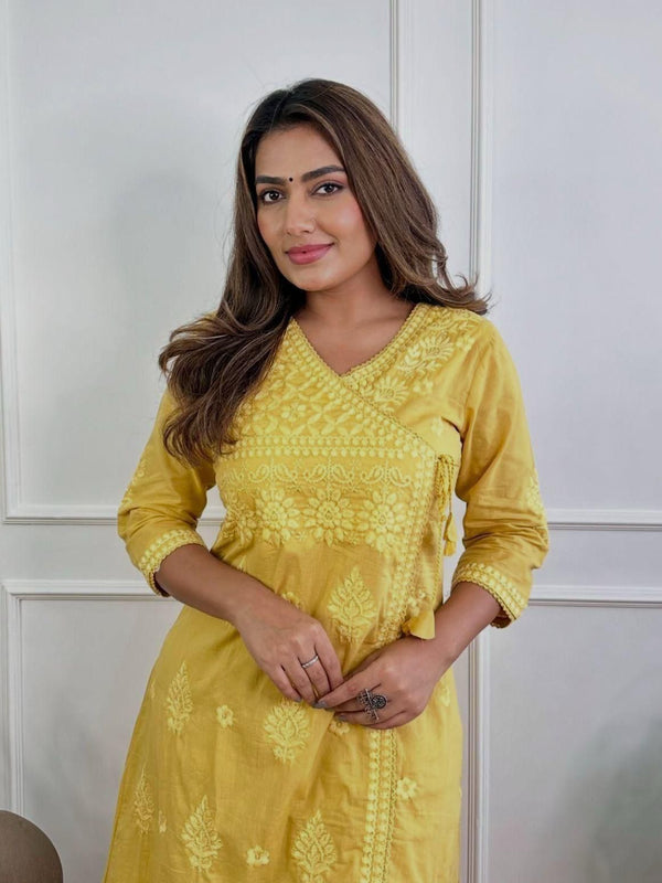 Women’s Orange Cotton Embroidered Kurti Pant Set