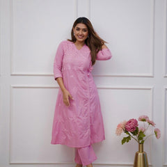 Women’s Orange Cotton Embroidered Kurti Pant Set