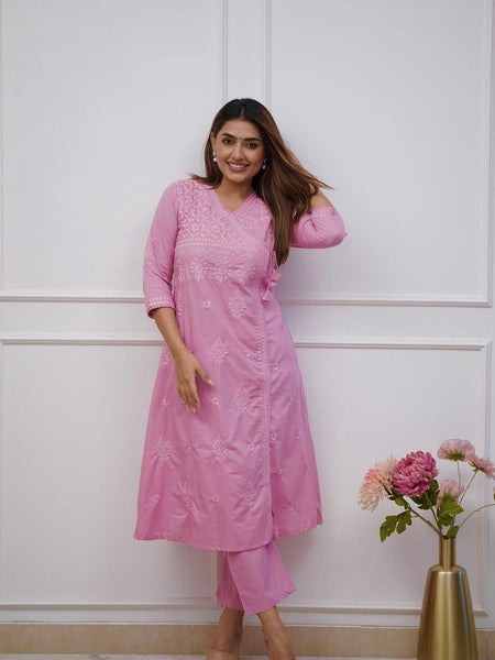 Women’s Pink Cotton Embroidered Kurti Pant Set