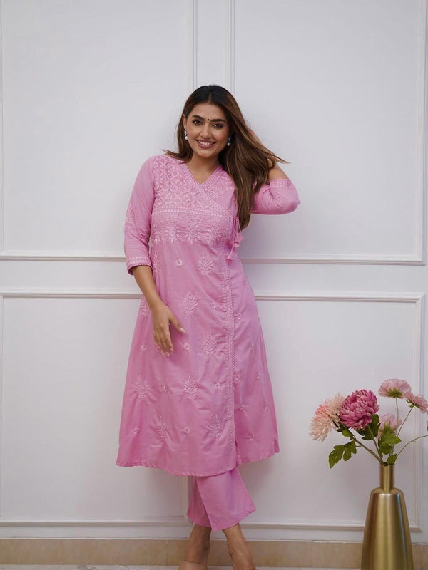 Women’s Orange Cotton Embroidered Kurti Pant Set