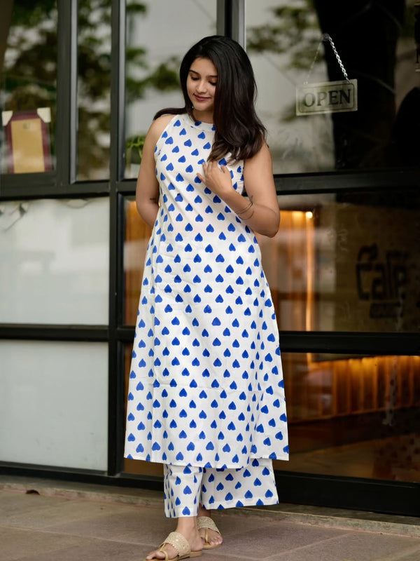 Women’s White Cotton Printed Co-Ord Set with Palazzo