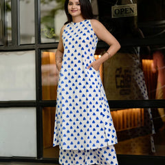 Women’s White Cotton Printed Co-Ord Set with Palazzo