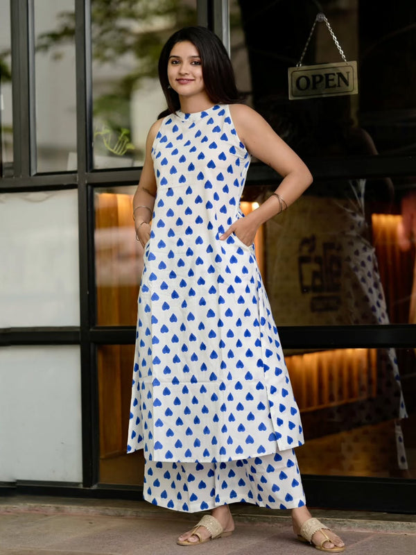 Women’s White Cotton Printed Co-Ord Set with Palazzo