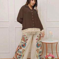 Women’s Coffee Cotton Embroidered Co-Ord Set with Palazzo