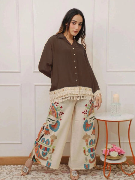 Women’s Coffee Cotton Embroidered Co-Ord Set with Palazzo