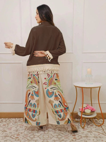 Women’s Coffee Cotton Embroidered Co-Ord Set with Palazzo
