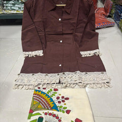 Women’s Coffee Cotton Embroidered Co-Ord Set with Palazzo
