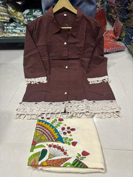 Women’s Coffee Cotton Embroidered Co-Ord Set with Palazzo
