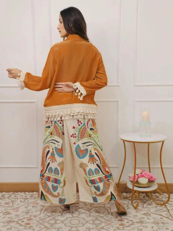 Women’s Coffee Cotton Embroidered Co-Ord Set with Palazzo